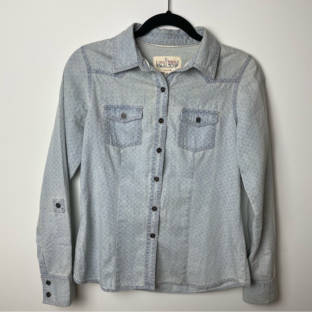 Patterned Light-Wash Denim Button-Down Shirt